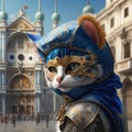 Funny scene of cute cat wearing traditional costume and mask at the carnival of Venice. Ai generated art