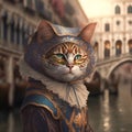 Funny scene of cute cat wearing traditional costume and mask at the carnival of Venice. Ai generated art