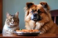 funny scene of dog eating human food, and cat looking on in disapproval