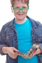 Funny schoolboy in green glasses - isolated on white Royalty Free Stock Photo
