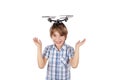 Funny schoolboy playing with drone Royalty Free Stock Photo