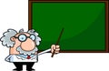 Funny Science Professor Cartoon Character Holding A Pointer Stick To A Chalkboard