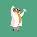 Funny Scientist In Lab Coat Walking With Two Test Tubes