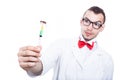 Funny scientist with syringe and cockroach Royalty Free Stock Photo