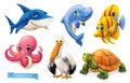 Funny sea animals and fishes. 3d vector icon set