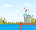 Funny Seagull Character on Berth Sitting in Bucket with Fish Vector Illustration