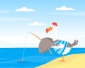 Funny Seagull Character with Fishing Rod on Sea Shore Vector Illustration Royalty Free Stock Photo