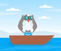 Funny Seagull Character in Sailing Boat Looking in Binoculars Vector Illustration