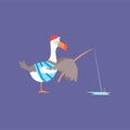 Funny seagull fishing, cute comic bird character cartoon vector illustration Royalty Free Stock Photo