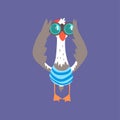 Funny seagull looking through binoculars, cute comic bird character cartoon vector illustration Royalty Free Stock Photo