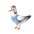 Funny seagull with pipe, marine clipart, watercolor style illustration with cartoon character Royalty Free Stock Photo