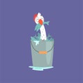 Funny seagull sitting inside of a bucket full of fish, cute comic bird character cartoon vector illustration Royalty Free Stock Photo