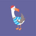 Funny seagull in a striped vest, cute comic bird character cartoon vector illustration Royalty Free Stock Photo