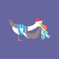 Funny seagull vomiting with fish, cute comic bird character cartoon vector illustration Royalty Free Stock Photo