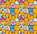 Funny seamless patchwork pattern for children. Cute cartoon little cat with pink umbrella and bouquet of flowers, butterflies