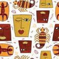 Funny seamless pattern with african motifs. Hand drawn illustration of gouache on paper. Elements on a white background. For