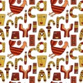 Funny seamless pattern with african motifs with letters. Ethnic ornament. Different elements on a white background. For printing