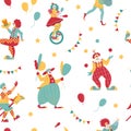 Funny seamless pattern with clowns in the circus, cartoon flat vector illustration. Royalty Free Stock Photo