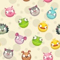 Funny seamless pattern with comic cartoon round animals. Vector childish texture.