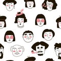 Funny seamless pattern with doodle faces on white background.