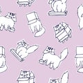 Funny seamless pattern with grumpy and melancholic cat playing with carton box on pink background. Cute hand drawn