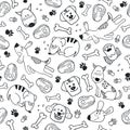 Funny seamless pattern with hand drawn doodle dogs, paw prints and bones. Vector animal character in black and white Royalty Free Stock Photo