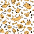 Funny seamless pattern with hand drawn doodle dogs, paw prints and bones Royalty Free Stock Photo