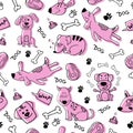 Funny seamless pattern with hand drawn doodle dogs, paw prints Royalty Free Stock Photo