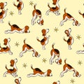 Funny seamless pattern with isolated cartoon dog doing yoga position of Surya Namaskara