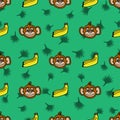 Funny seamless pattern with monkey faces, bananas and palm leaves drawn by hand.