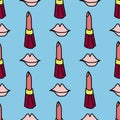 Funny seamless pattern with painted outlines of lips and lipstick.
