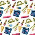 Funny seamless pattern with school math supplies. We're going back to school. Calculator, compass, sharpener, pencil Royalty Free Stock Photo