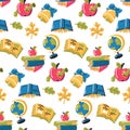 Funny seamless pattern with school supplies and creative elements. We're going back to school. Book, globe, autumn Royalty Free Stock Photo