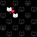 Funny seamless pattern with smiling cats faces and red hearts. Two white cats in love