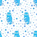 Funny seamless vector pattern with cartoon cute owls, flowers and hearts in blue on white background. Royalty Free Stock Photo