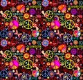 Funny seamless wallpaper with colorful hippie print with peace and love lettering, flay agaric, butterfly, abstract flowers