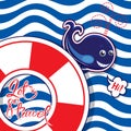 Funny seasonal Card with blue whale on striped background. Lifebuoy shape frame with calligraphic words Lets go travel. Design