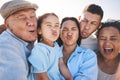 Funny, selfie and child with grandparents and parents in nature on a vacation, adventure or holiday. Comic, goofy and Royalty Free Stock Photo