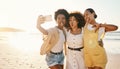 Funny, selfie and women with friends at beach for support, social media and diversity. Smile, relax and profile picture