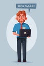 Funny seller with laptop. Cartoon vector illustration Royalty Free Stock Photo