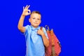 Funny serious little blonde kid schoolboy red striped backpack posing isolated on blue background.showing OK gesture Royalty Free Stock Photo