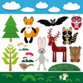 Funny set of cute wild animals, forest and clouds. Fox, bear, rabbit, raccoon, bat, deer, owl, bird. Royalty Free Stock Photo