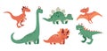 Funny set of dinosaurs. Stegosaurus, triceratops, brachiosaurus, brontosaurus, velociraptor, pteranodon, tyrannosaurus