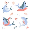 Funny set with happy sharks. Vector illustration Royalty Free Stock Photo