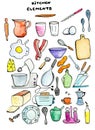 Funny set of kitchen elements drawn by hand in doodle style. Bright set of illustrations for home cooking template, cooking book