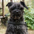 Funny shaggy dog schnauzer, with a pine needle stuck to its fur, obediently sits in the yard and stares intently at the camera Royalty Free Stock Photo