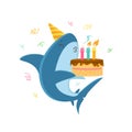 Funny Shark in Festive Hat Blowing Candles on Birthday Cake Isolated on White Background. T-shirt Print