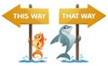 Funny shark and goldfish near the signpost. This way and that wa