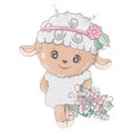 Funny sheep clip art. Sheep with a basket of flowers. Cute little illustration of lamb for kids, baby book, fairy tales