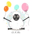 Funny sheep with colorful balloon greeting card. Islamic festival of sacrifice. Eid al adha celebration Royalty Free Stock Photo